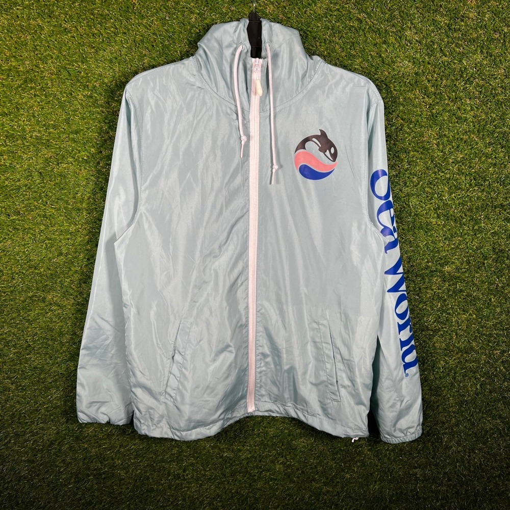 SeaWorld Shamu Windbreaker Jacket Light Blue Hooded Full Zip‎ Mens Small Logo